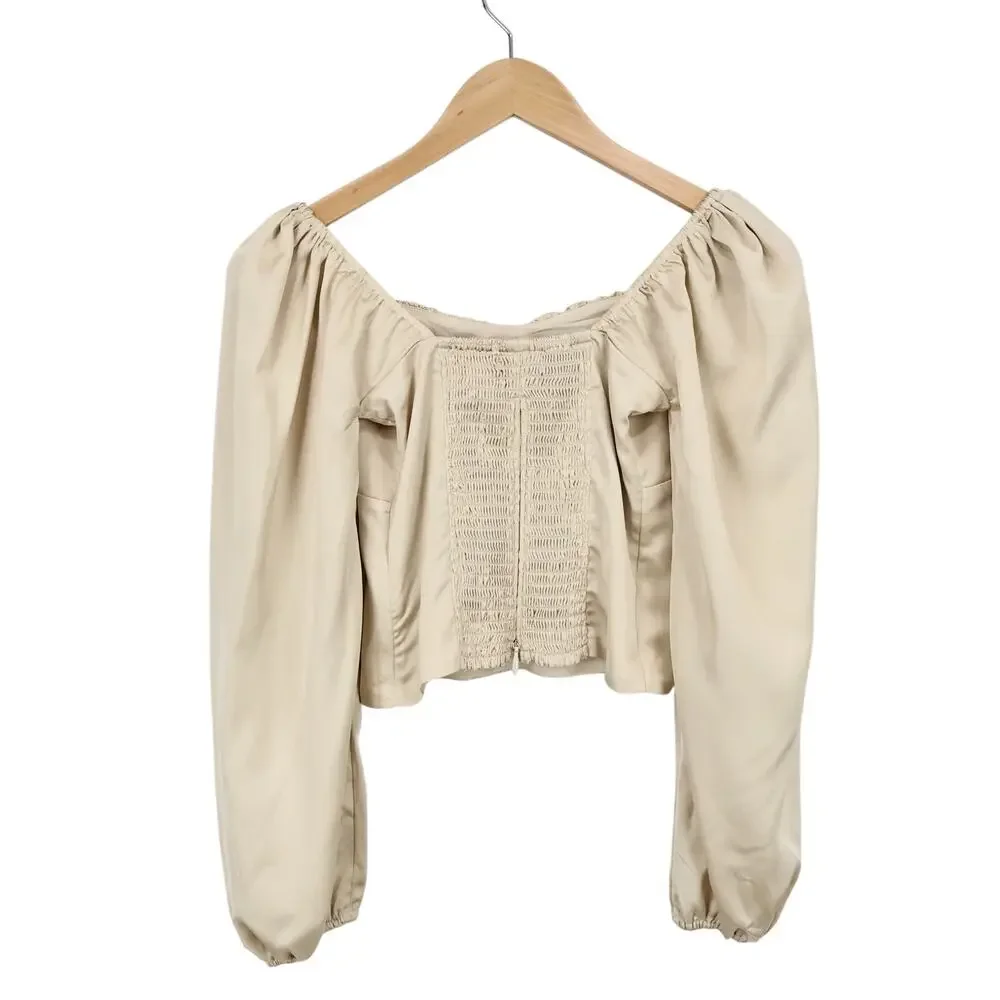 Abercrombie & Fitch Puff Sleeve Ruched Satin Crop Top Champagne XS NWT - Picture 4 of 7